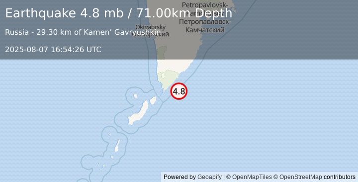 Earthquake NEAR EAST COAST OF KAMCHATKA (4.8 mb) (2025-08-07 16:54:26 UTC)