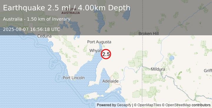 Earthquake NEAR COAST OF SOUTH AUSTRALIA (2.5 ml) (2025-08-07 16:56:18 UTC)