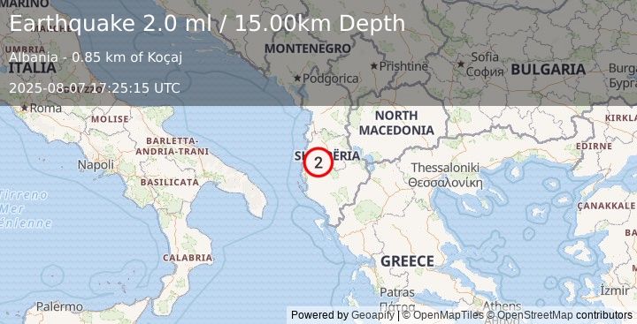 Earthquake ALBANIA (2.0 ml) (2025-08-07 17:25:15 UTC)