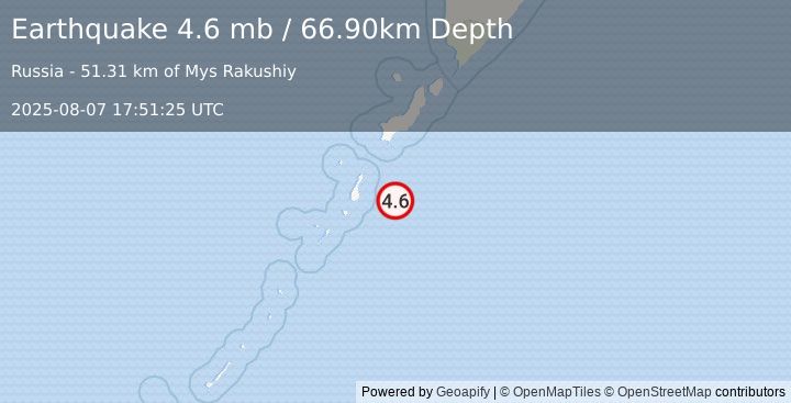 Earthquake KURIL ISLANDS (4.6 mb) (2025-08-07 17:51:25 UTC)
