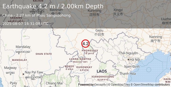Earthquake CHINA-LAOS BORDER REGION (4.2 m) (2025-08-07 18:31:09 UTC)