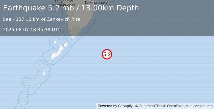 Earthquake EAST OF KURIL ISLANDS (5.1 mb) (2025-08-07 18:35:36 UTC)
