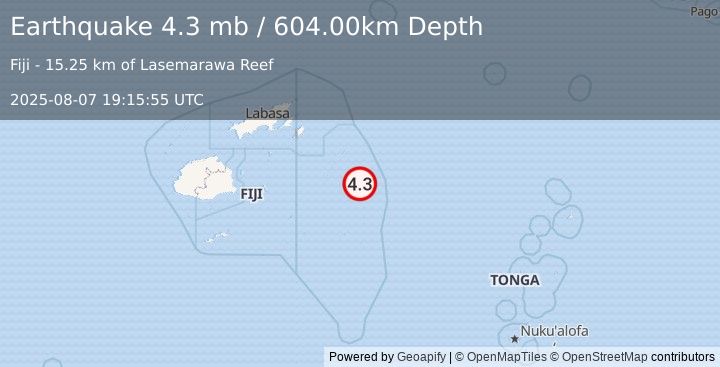 Earthquake FIJI REGION (4.3 mb) (2025-08-07 19:15:55 UTC)