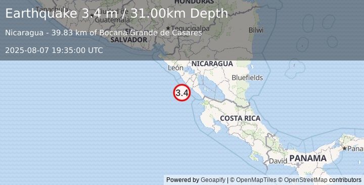 Earthquake NEAR COAST OF NICARAGUA (3.5 m) (2025-08-07 19:34:59 UTC)