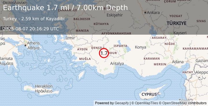 Earthquake WESTERN TURKEY (1.7 ml) (2025-08-07 20:16:29 UTC)