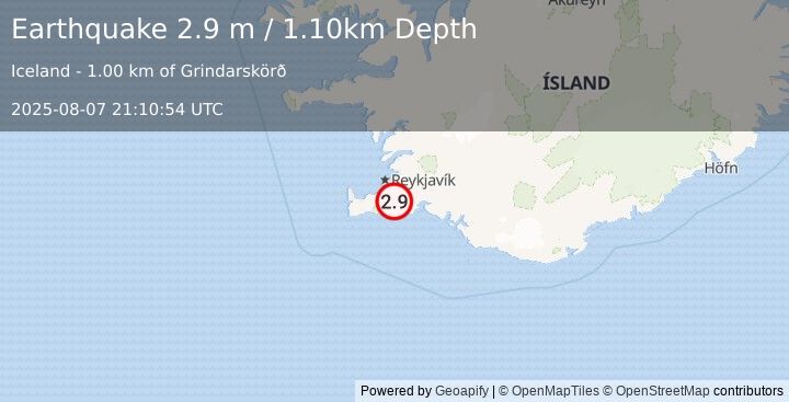 Earthquake ICELAND REGION (2.9 m) (2025-08-07 21:10:54 UTC)