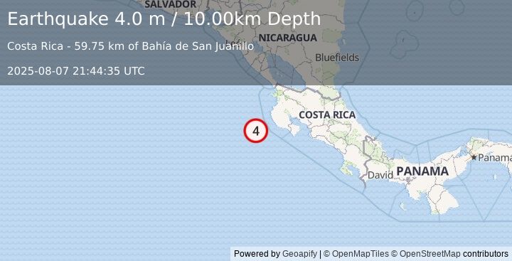 Earthquake OFF COAST OF COSTA RICA (4.0 m) (2025-08-07 21:44:35 UTC)