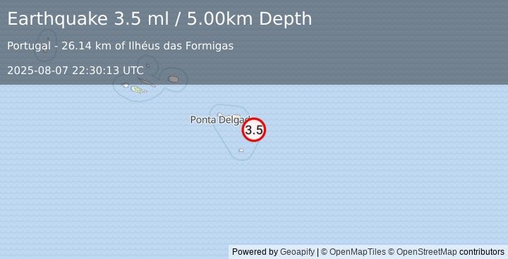 Earthquake AZORES ISLANDS REGION (3.5 ml) (2025-08-07 22:30:13 UTC)