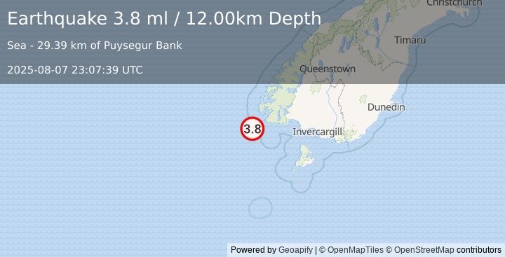 Earthquake OFF W. COAST OF S. ISLAND, N.Z. (3.8 ml) (2025-08-07 23:07:39 UTC)