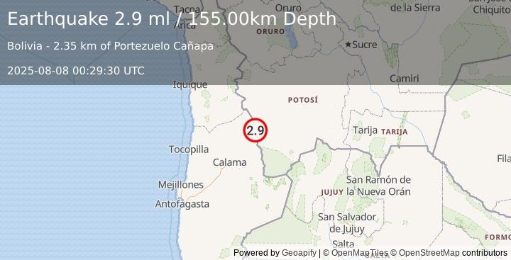 Earthquake POTOSI, BOLIVIA (2.9 ml) (2025-08-08 00:29:30 UTC)