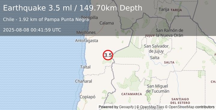Earthquake ANTOFAGASTA, CHILE (3.5 ml) (2025-08-08 00:41:59 UTC)