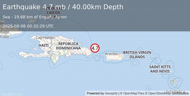 Earthquake DOMINICAN REPUBLIC REGION (4.2 ml) (2025-08-08 00:32:30 UTC)