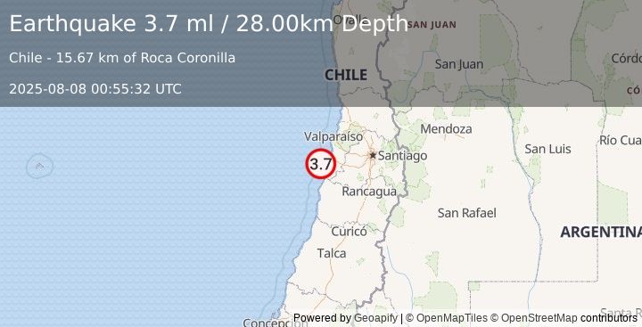 Earthquake OFFSHORE VALPARAISO, CHILE (3.9 ml) (2025-08-08 00:55:31 UTC)