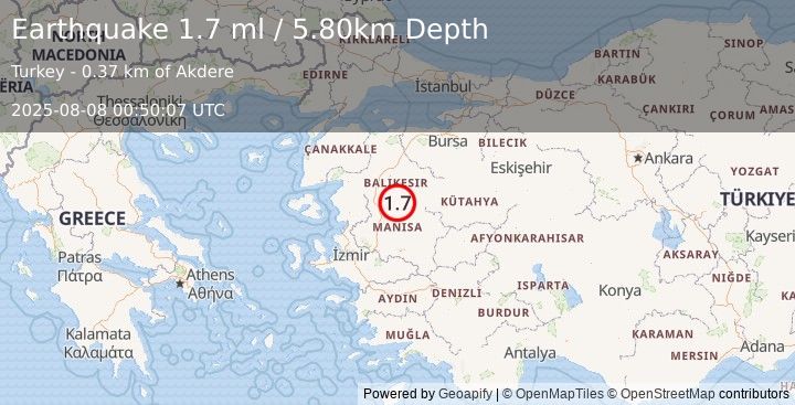 Earthquake WESTERN TURKEY (1.7 ml) (2025-08-08 00:50:07 UTC)