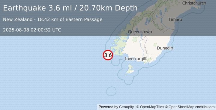 Earthquake OFF W. COAST OF S. ISLAND, N.Z. (3.6 ml) (2025-08-08 02:00:32 UTC)