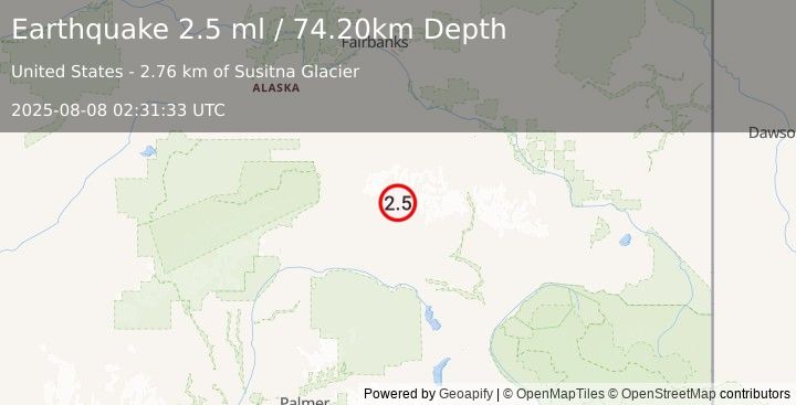 Earthquake CENTRAL ALASKA (2.5 ml) (2025-08-08 02:31:33 UTC)