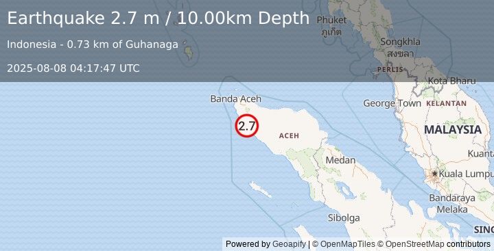 Earthquake NORTHERN SUMATRA, INDONESIA (2.7 m) (2025-08-08 04:17:47 UTC)