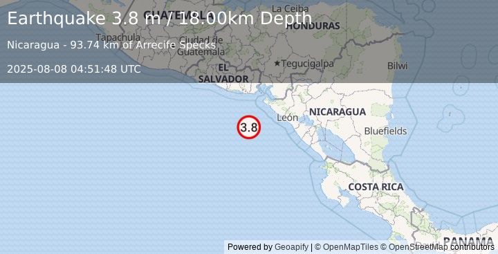 Earthquake NEAR COAST OF NICARAGUA (3.8 m) (2025-08-08 04:51:48 UTC)