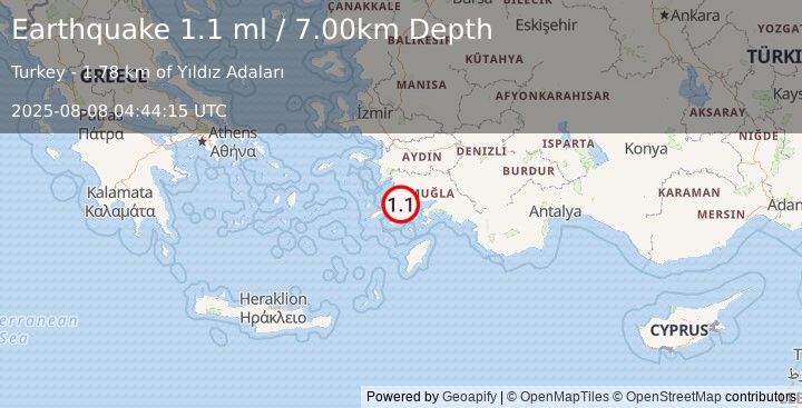 Earthquake DODECANESE IS.-TURKEY BORDER REG (1.1 ml) (2025-08-08 04:44:15 UTC)