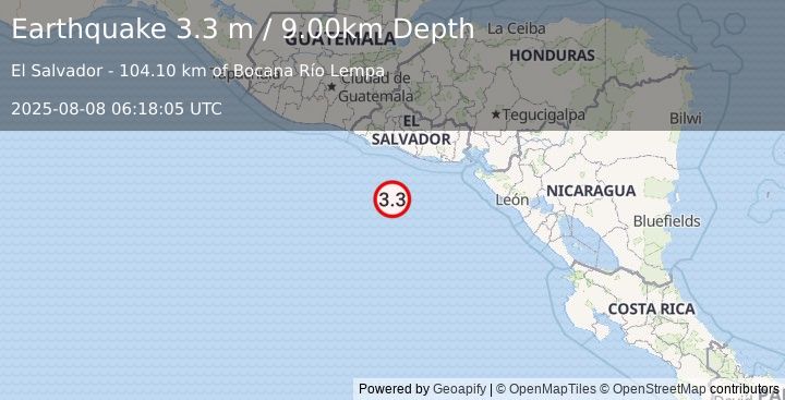 Earthquake OFF THE COAST OF EL SALVADOR (3.3 m) (2025-08-08 06:18:05 UTC)