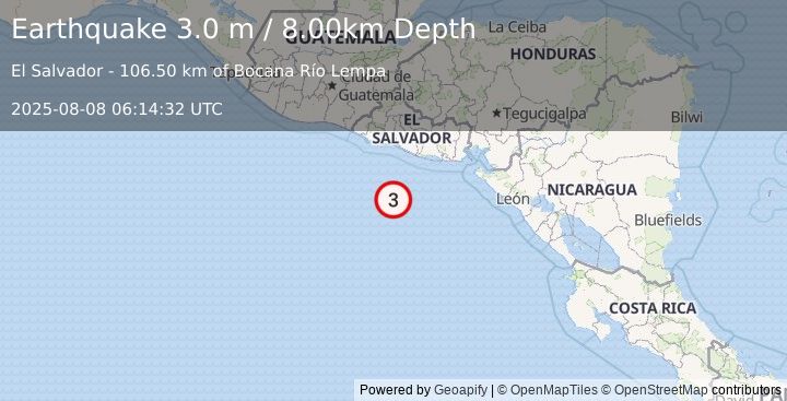 Earthquake OFF THE COAST OF EL SALVADOR (3.0 m) (2025-08-08 06:14:32 UTC)