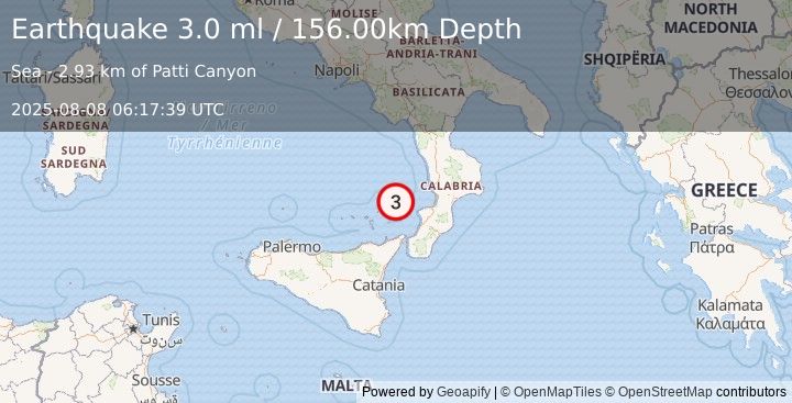 Earthquake SICILY, ITALY (3.0 ml) (2025-08-08 06:17:39 UTC)
