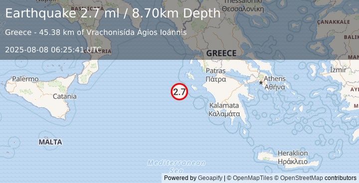 Earthquake IONIAN SEA (2.7 ml) (2025-08-08 06:25:41 UTC)