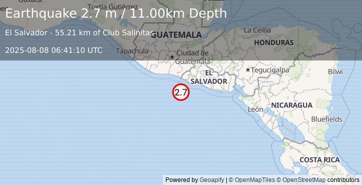 Earthquake OFFSHORE EL SALVADOR (2.7 m) (2025-08-08 06:41:10 UTC)