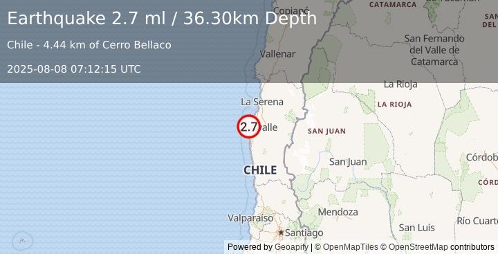 Earthquake COQUIMBO, CHILE (2.7 ml) (2025-08-08 07:12:15 UTC)