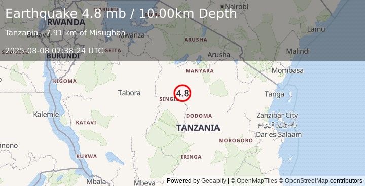 Earthquake TANZANIA (4.8 mb) (2025-08-08 07:38:25 UTC)