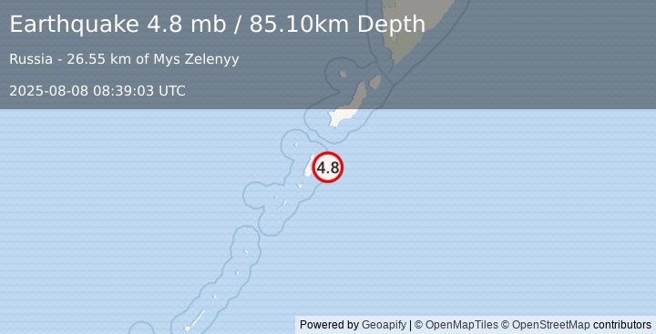 Earthquake KURIL ISLANDS (4.8 mb) (2025-08-08 08:39:03 UTC)