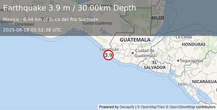 Earthquake OFFSHORE CHIAPAS, MEXICO (3.9 m) (2025-08-18 05:52:38 UTC)