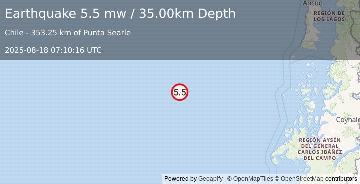 Earthquake OFF COAST OF AISEN, CHILE (5.6 mw) (2025-08-18 07:10:11 UTC)