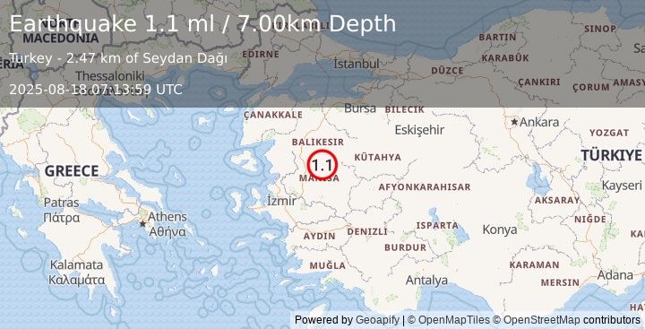 Earthquake WESTERN TURKEY (1.6 ml) (2025-08-18 07:14:50 UTC)