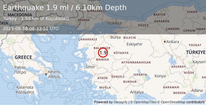 Earthquake WESTERN TURKEY (1.9 ml) (2025-08-18 08:33:51 UTC)