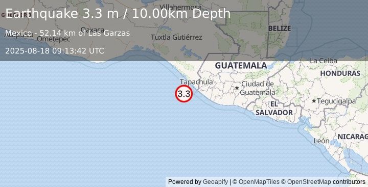 Earthquake OFFSHORE CHIAPAS, MEXICO (3.3 m) (2025-08-18 09:13:42 UTC)