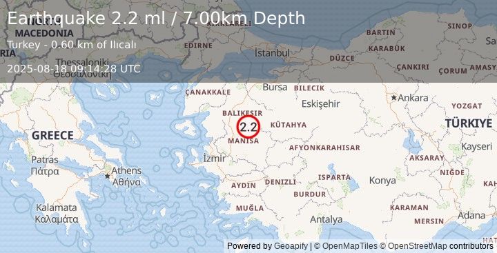 Earthquake WESTERN TURKEY (2.2 ml) (2025-08-18 09:14:28 UTC)