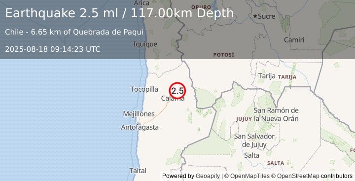 Earthquake ANTOFAGASTA, CHILE (2.5 ml) (2025-08-18 09:14:23 UTC)