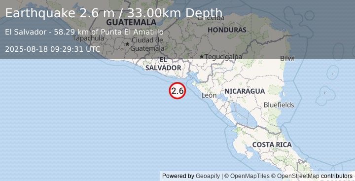 Earthquake OFFSHORE EL SALVADOR (2.6 m) (2025-08-18 09:29:31 UTC)