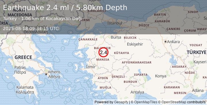 Earthquake WESTERN TURKEY (2.4 ml) (2025-08-18 09:34:15 UTC)