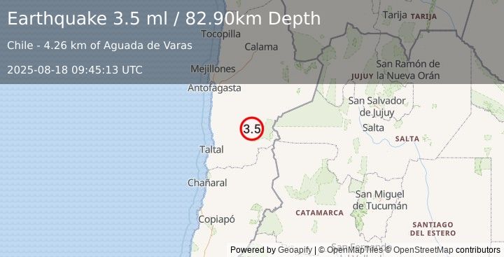 Earthquake ANTOFAGASTA, CHILE (3.5 ml) (2025-08-18 09:45:13 UTC)