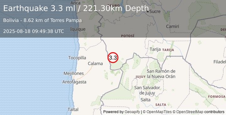 Earthquake POTOSI, BOLIVIA (3.3 ml) (2025-08-18 09:49:38 UTC)