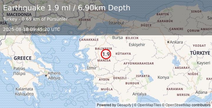 Earthquake WESTERN TURKEY (1.9 ml) (2025-08-18 09:45:20 UTC)