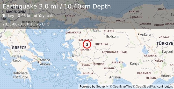 Earthquake WESTERN TURKEY (3.0 ml) (2025-08-18 10:11:25 UTC)