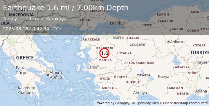 Earthquake WESTERN TURKEY (1.6 ml) (2025-08-18 10:42:34 UTC)