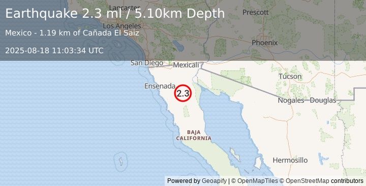 Earthquake BAJA CALIFORNIA, MEXICO (2.3 ml) (2025-08-18 11:03:34 UTC)