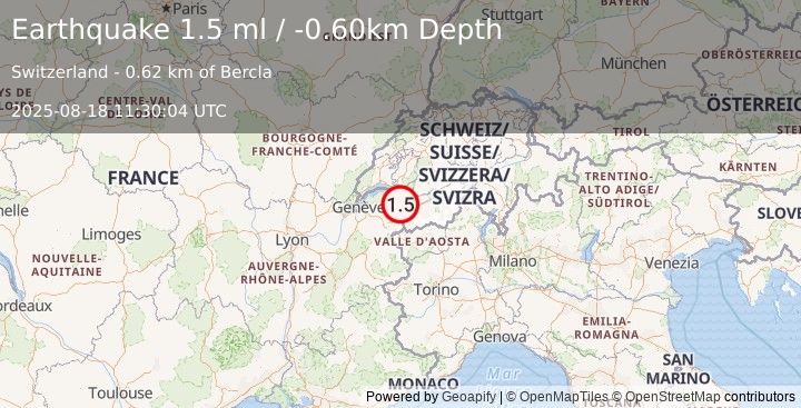 Earthquake SWITZERLAND (1.5 ml) (2025-08-18 11:30:04 UTC)