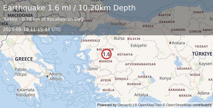 Earthquake WESTERN TURKEY (1.6 ml) (2025-08-18 11:15:44 UTC)