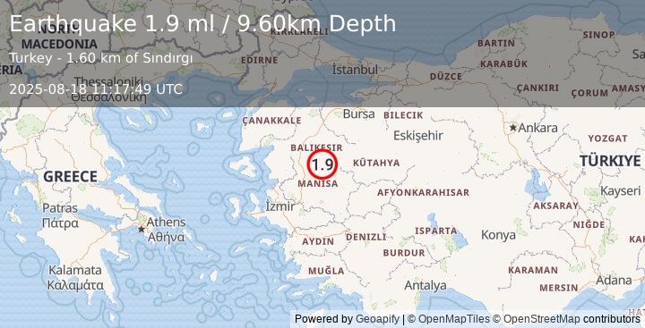 Earthquake WESTERN TURKEY (1.9 ml) (2025-08-18 11:17:49 UTC)