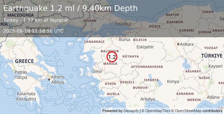 Earthquake WESTERN TURKEY (1.2 ml) (2025-08-18 11:18:58 UTC)